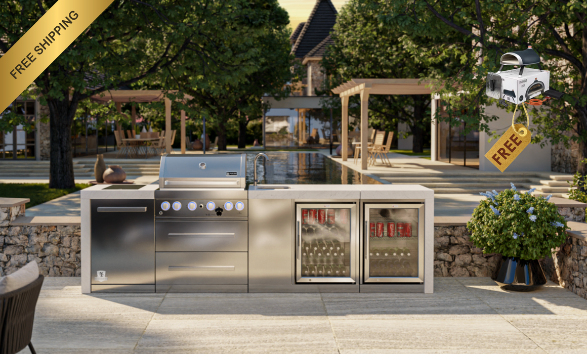 Mont Alpi Outdoor kitchen 4-burner Deluxe Island with a Beverage Center And Double Fridge + Weather Cover - 3.1M