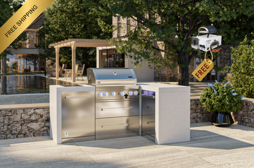 Mont Alpi Outdoor kitchen 4-burner Deluxe Island with a 90-Degree Corner + Cover - 2.1M