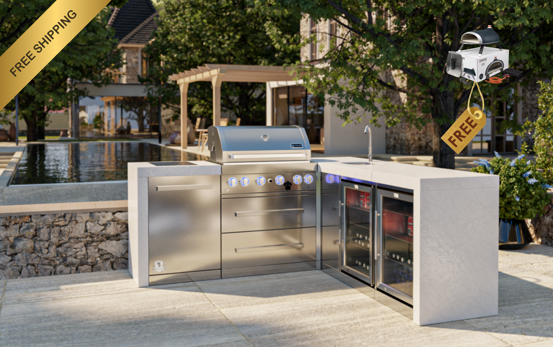 Mont Alpi Outdoor kitchen 4-burner Deluxe Island, Beverage Center, Double Fridges + Weather Cover  2.1M - 2.3M