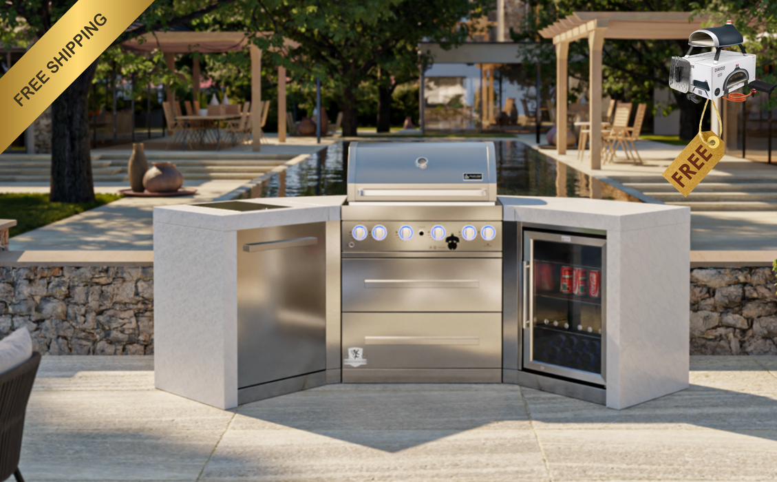 Mont Alpi Outdoor kitchen 4-burner Deluxe Island with  Fridge Cabinet  + Weather Cover - 2.7M