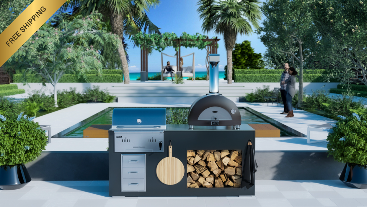 Grillandia Outdoor Kitchen Bull Bison Charcoal Grill + Pizza Oven & Triple Drawers + Weather Cover - 2.5M