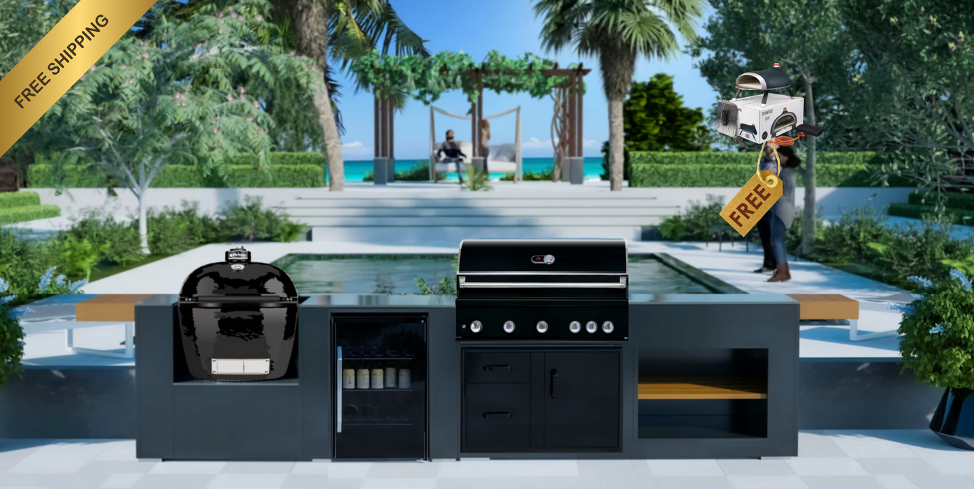 Grillandia Outdoor Kitchen Whistler Burford 5 Burner + Primo LG300 + Fridge + Weather Cover - 4M