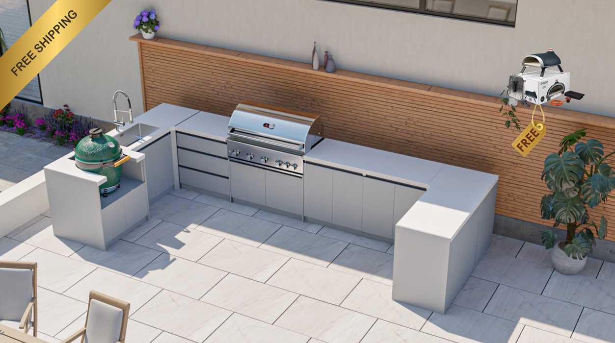 Whistler Fairford Grey U-Shaped Outdoor Kitchen with Burford 5-Burner BBQ & Green Egg | Dimensions 2.3m x 4.8m x 1.6m