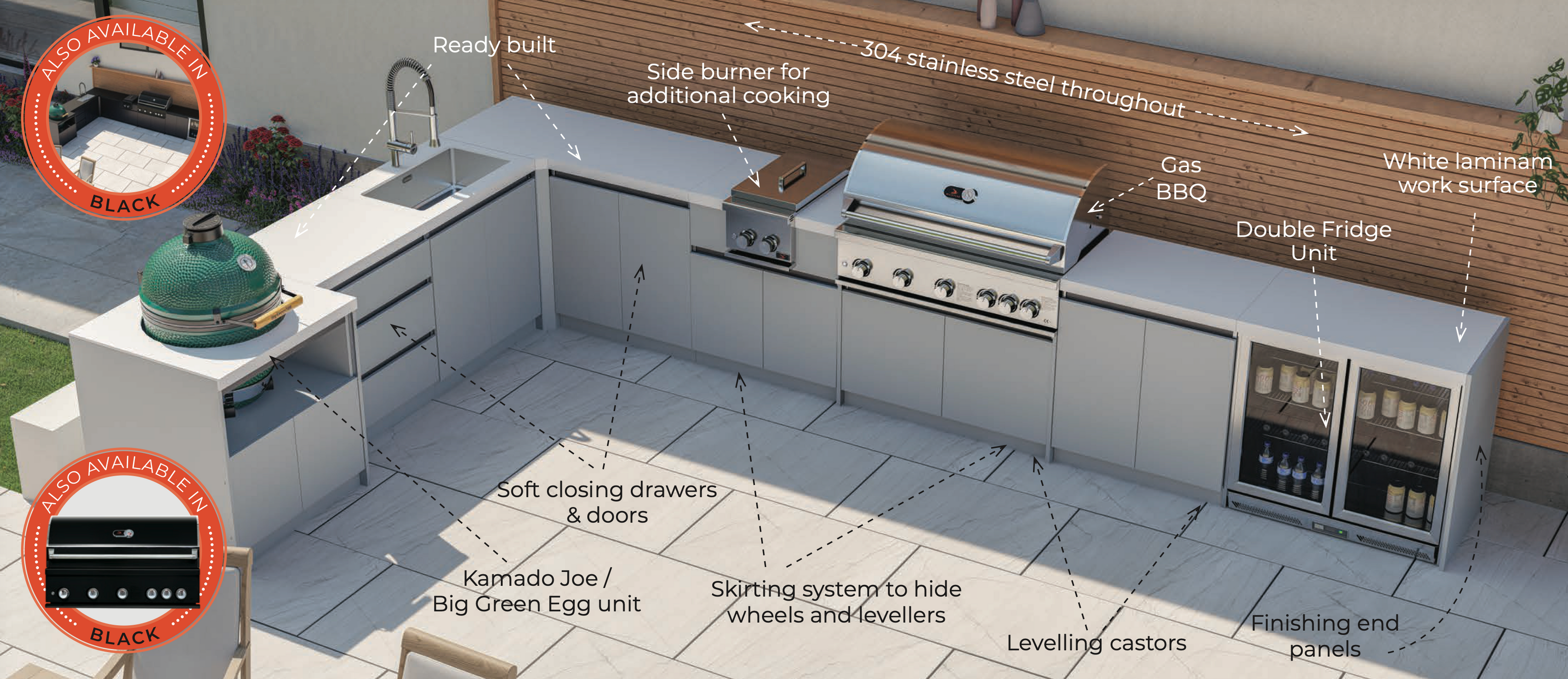 Whistler Fairford L-Shaped Grey Outdoor Kitchen with Big Green Egg | Dimensions 2.3m x 4m