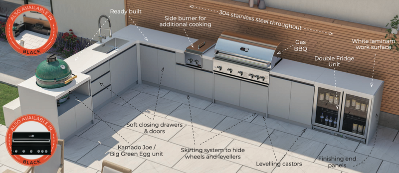 Whistler Fairford L-Shaped Black Outdoor Kitchen with Burford 5-Burner BBQ | Dimensions 2.3m x 3.5m