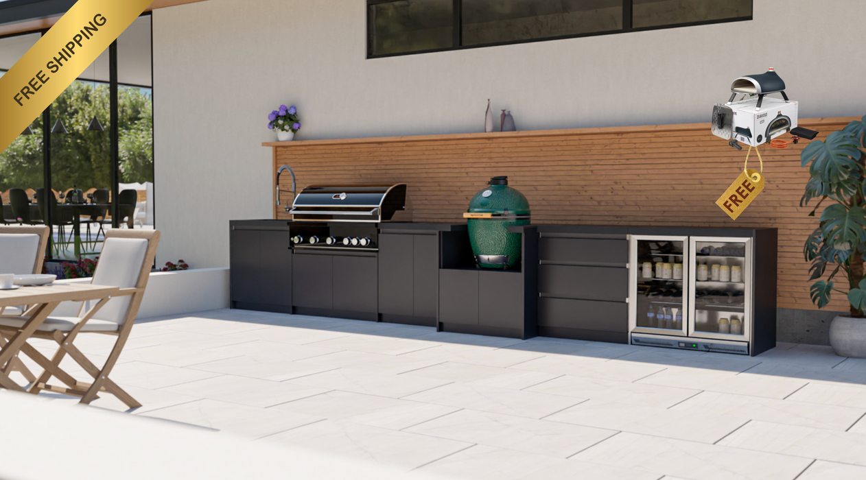 Whistler Fairford Black Outdoor Kitchen with Burford 5 Burner BBQ and Green Egg | 5.2M Full-Length