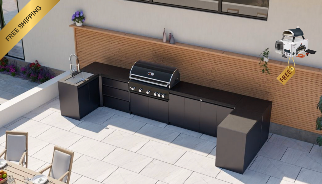 Whistler Fairford Black U-Shaped Outdoor Kitchen with Burford 5-Burner BBQ | Dimensions 1.5m x 4.8m x 1.6m