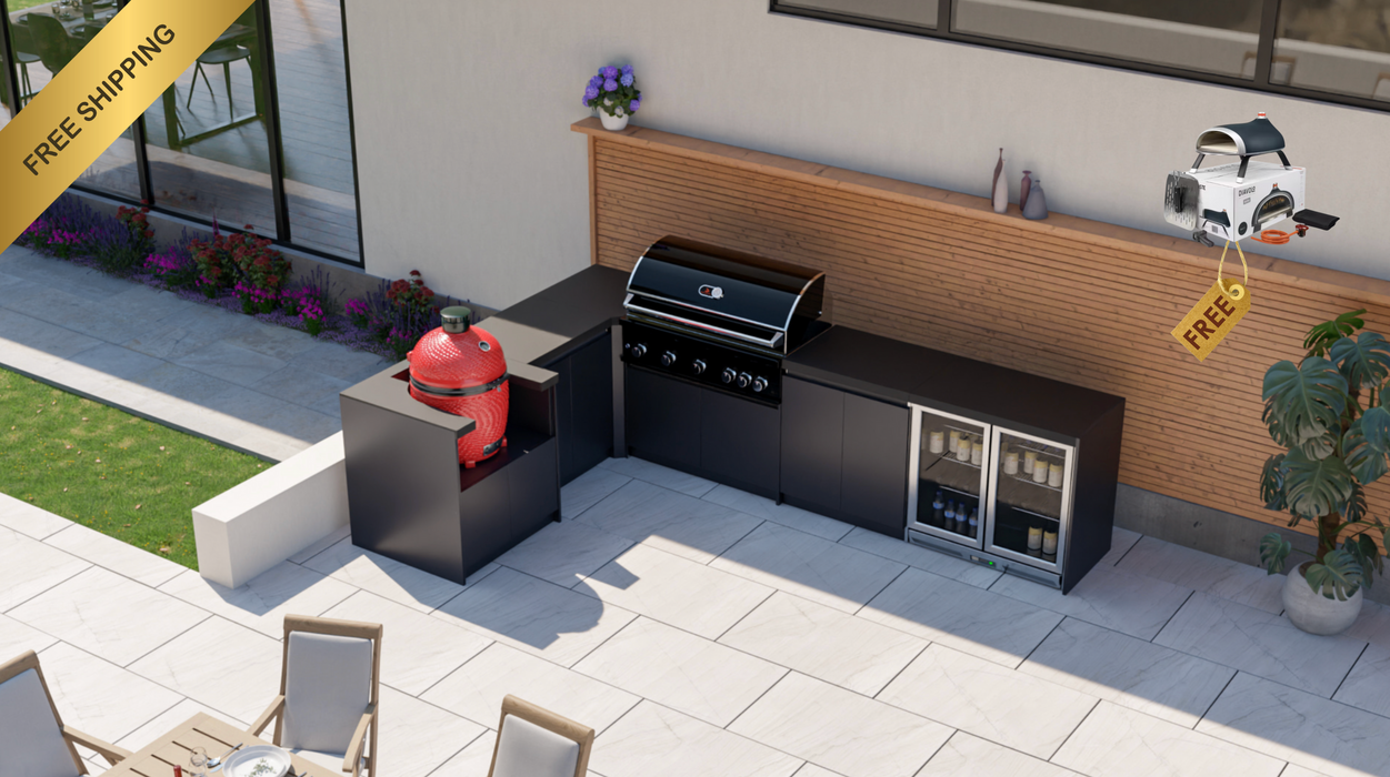 Whistler Fairford L-Shaped Black Outdoor Kitchen with Burford 5-Burner BBQ & Kamado Joe | Dimensions 2.3m x 3.5m