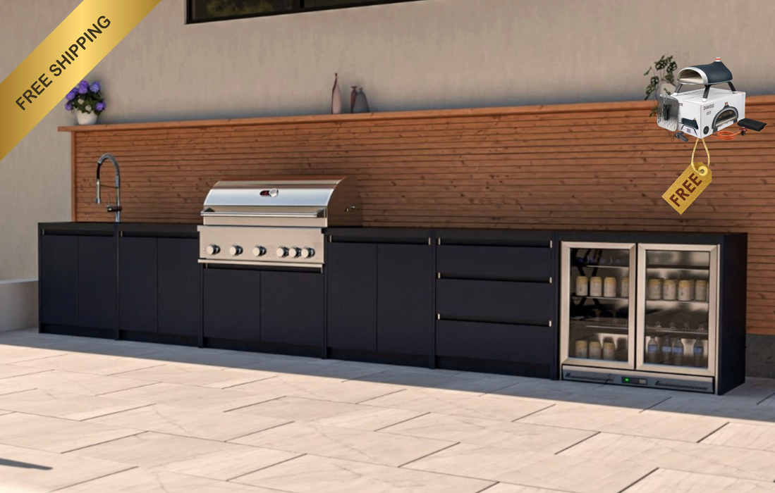 Whistler Fairford Black Outdoor Kitchen with Burford 5 Burner Stainless Steel BBQ | 5.2M Full-Length