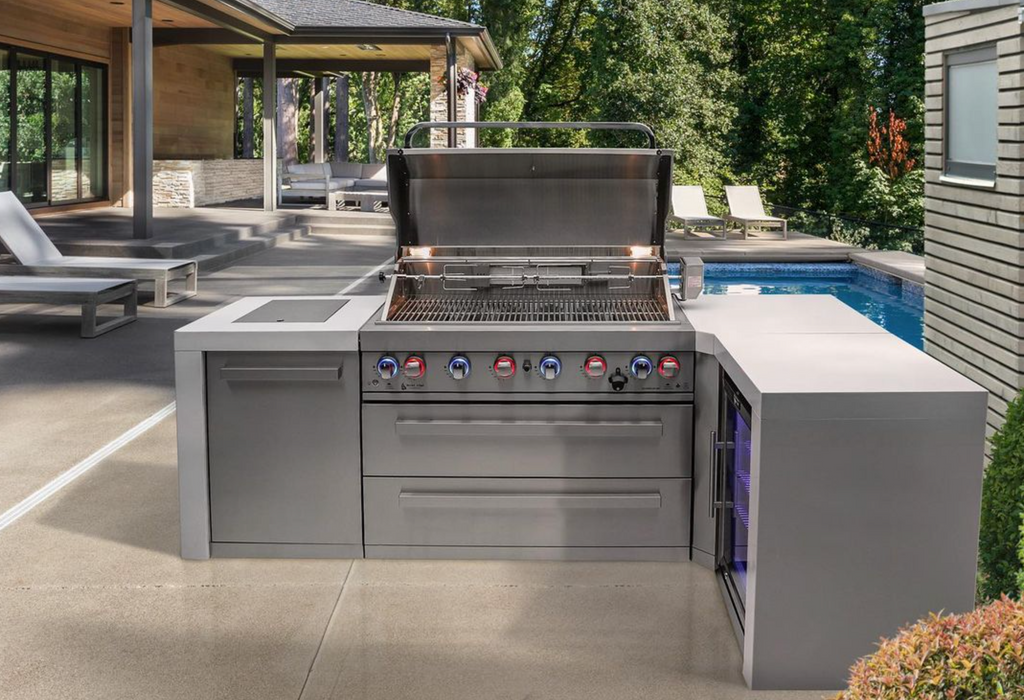 Mont Alpi L Shape Outdoor kitchen 6-burner Deluxe Island + Fridge + Weather Cover - 2.4M