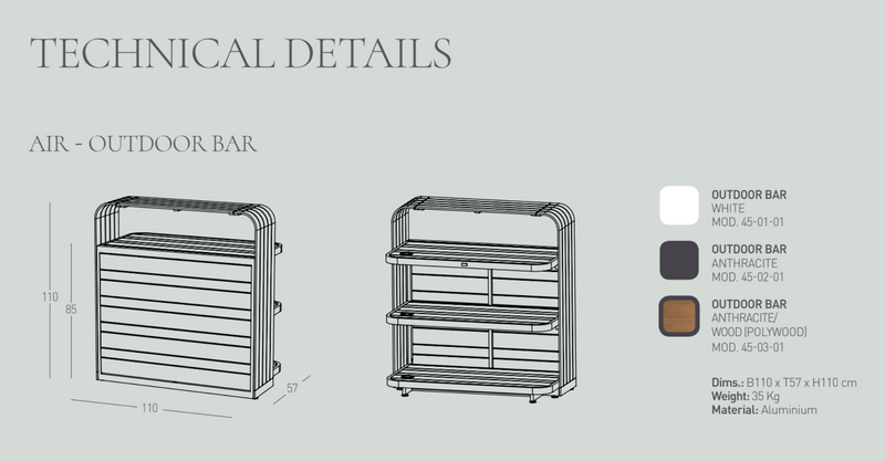 Luxurious Air Anthracite/Wood Outdoor Bar, 1.1M Made of Aluminium, Modular System for Private and Commercial Use