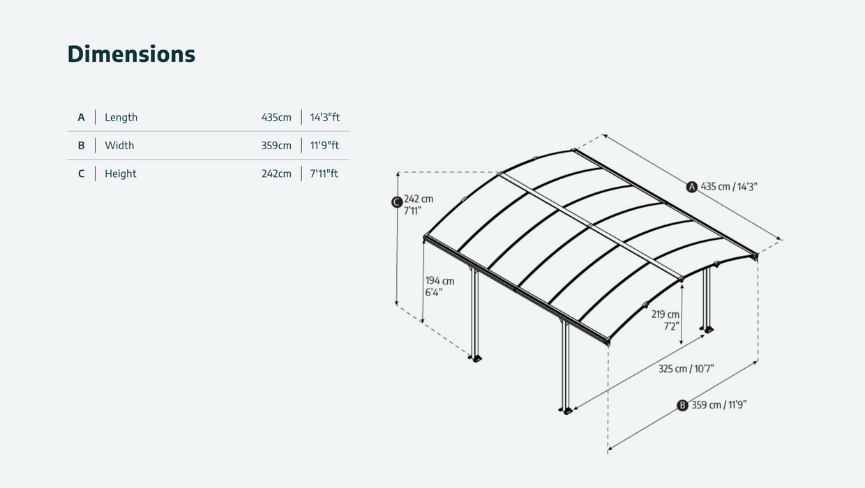 Arcadia 12' x 14' Carport - Grey Aluminium & Twin-wall Polycarbonate Roof Panels