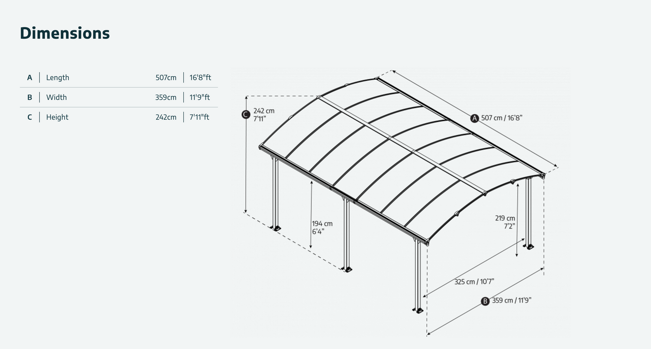 Arcadia 12' x 17' Carport - Grey Aluminium & Polycarbonate Roof Panels