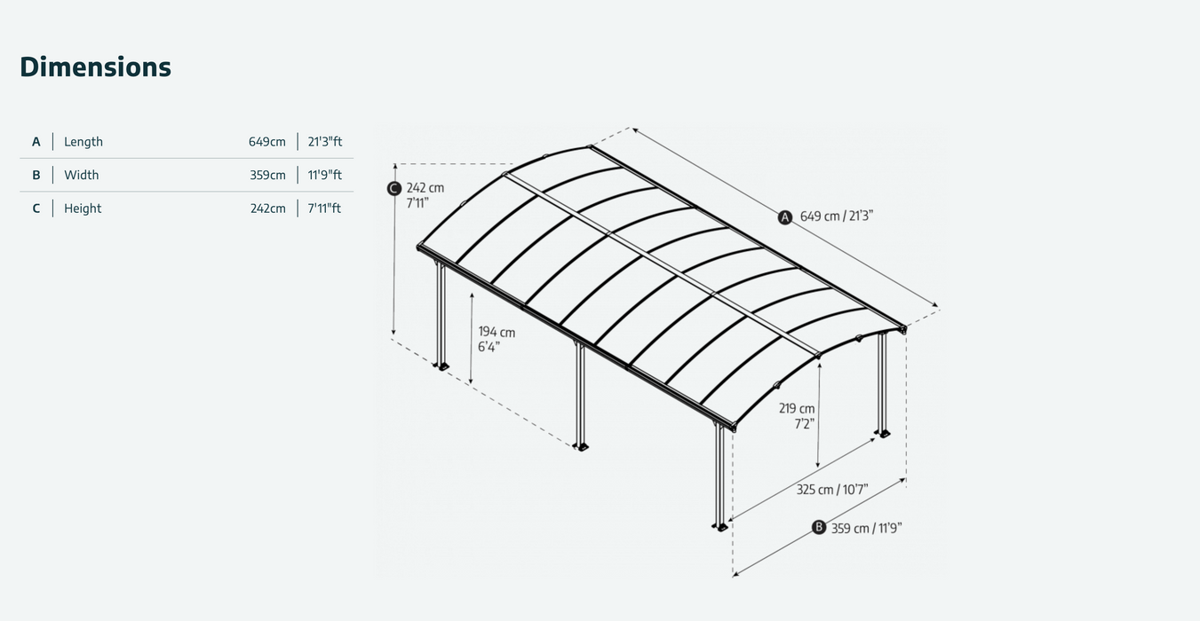 Arcadia 12' x 21' Carport Kit - Grey Aluminium & Twin-wall Polycarbonate Roof Panels