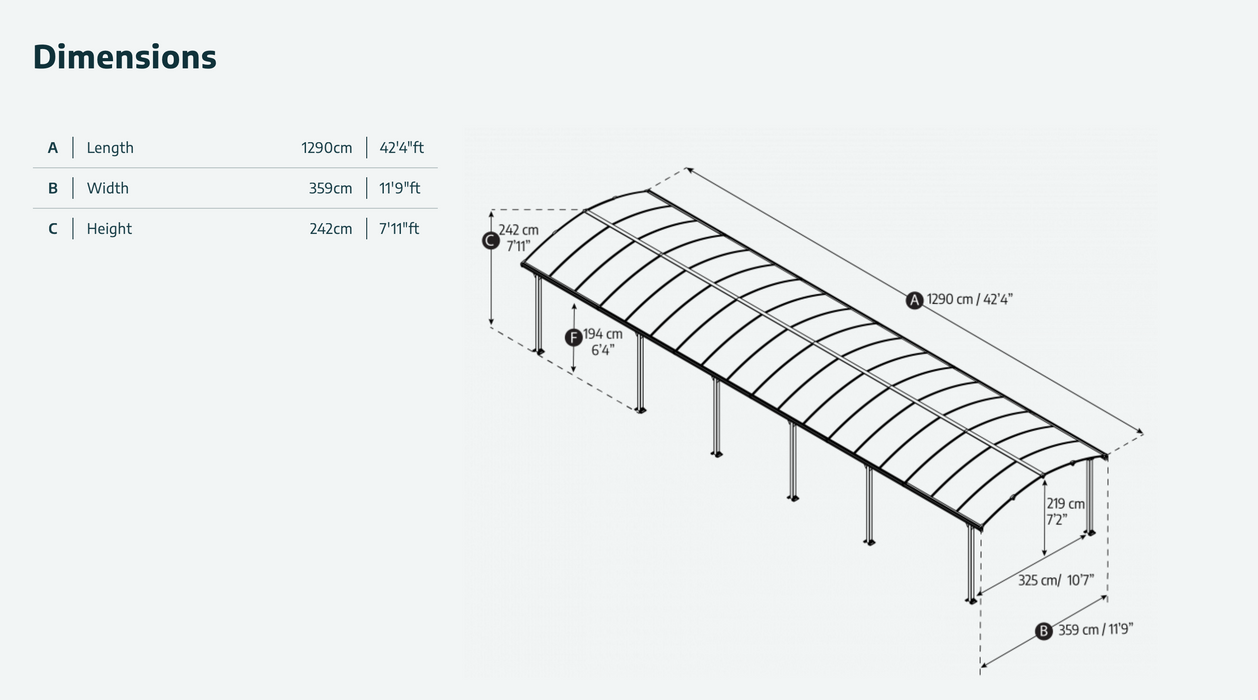 Arcadia 12' x 42' Carport - Grey Aluminium & Twin-wall Polycarbonate Roof Panels