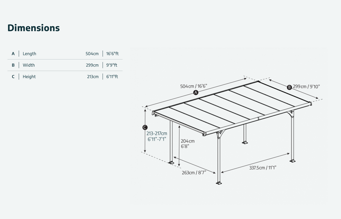 Verona 10' x 17' Carport - Grey Aluminium & Polycarbonate Roof Panels