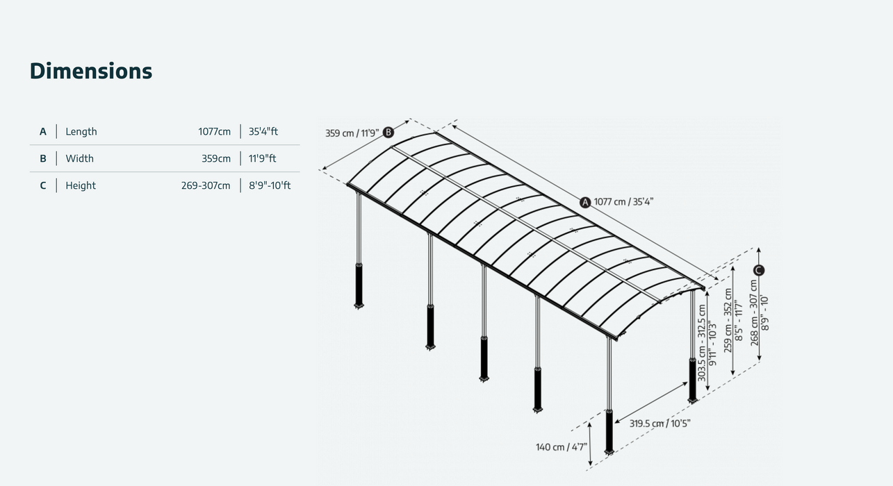 Alpine 12' x 35' Extra High Carport - Grey Aluminium & Twin-wall Polycarbonate Roof Panels