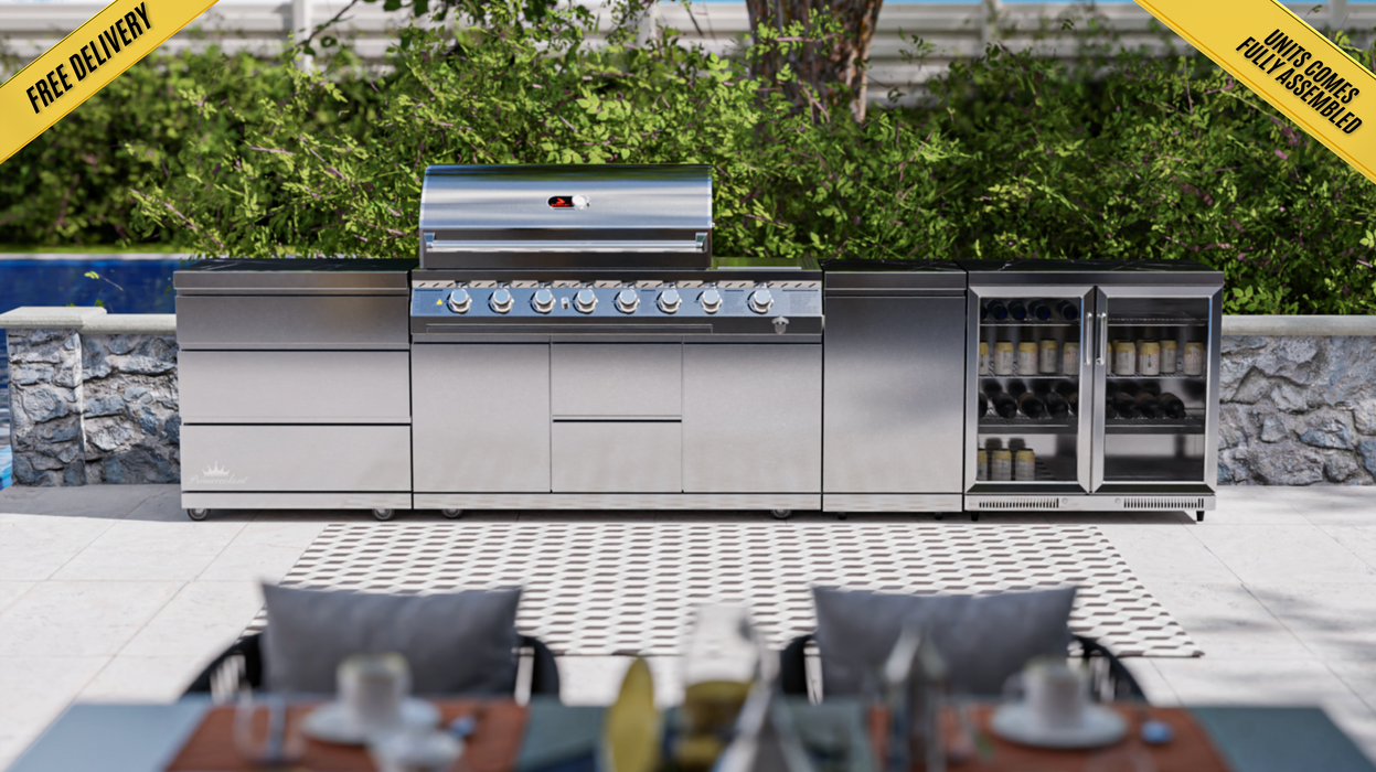 Whistler Cirencester Outdoor Kitchen - 6-Burner BBQ, Fridge, Triple Drawer & Gas Bottle Cabinet