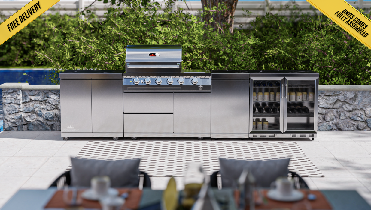 Whistler Cirencester Outdoor Kitchen - 4-Burner BBQ, Fridge, Double Doors & Gas Bottle Cabinet