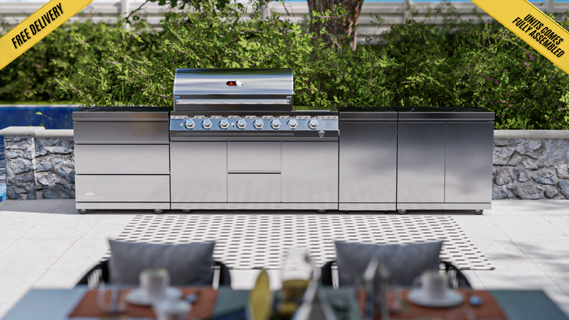 Whistler Outdoor Kitchen 6 Burner BBQ, Triple Drawer, Double Door and Gas Bottle Cabinet