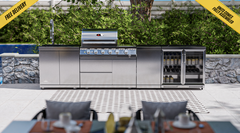 Whistler Outdoor Kitchen 4 Burner BBQ, Fridge, Sink and Gas Bottle Cabinet