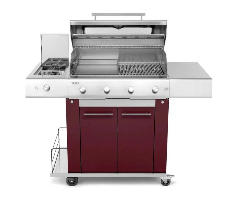 Barbecue Grill - Fry Top 750 4-burner Hybrid with Sun Grill trolley Bordeaux red and Dual side burner