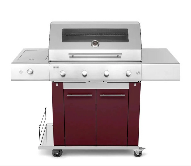 Barbecue Grill - Fry Top 750 4-burner Hybrid with Sun Grill trolley Bordeaux red and Dual side burner