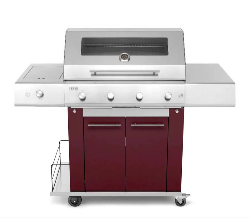 Pianeta Grill - Fry Top 750 4-burner gas barbecue with Sun Grill trolley Bordeaux red and Dual side burner