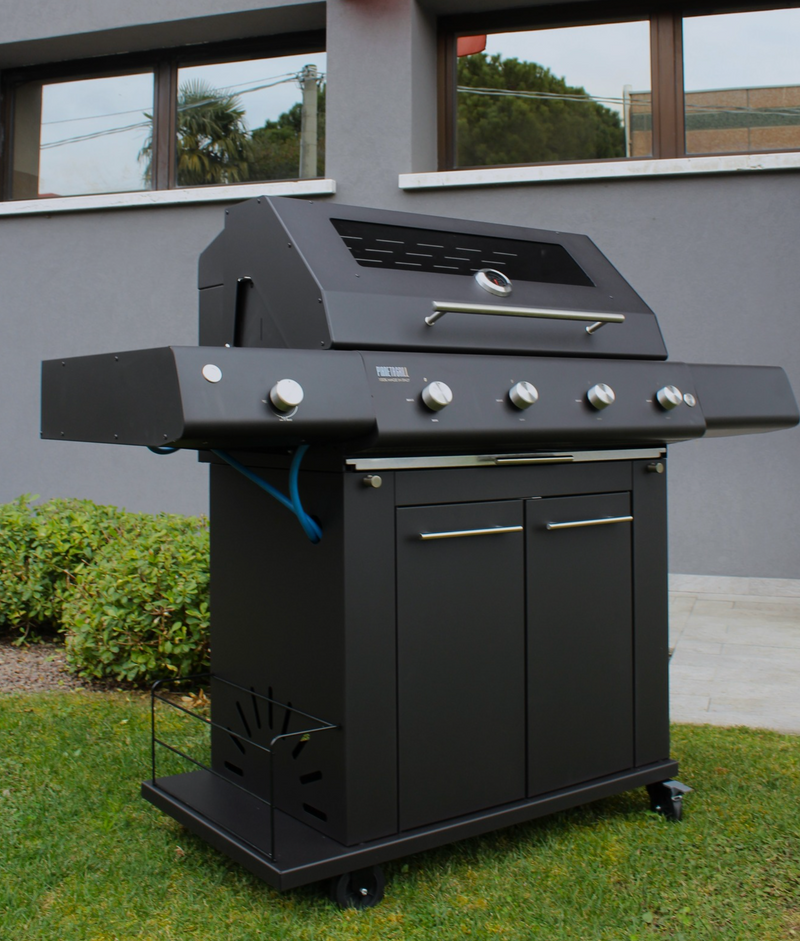 Barbecue Grill - Fry Top 750 4-burner gas barbecue Black with Sun Grill Trolley and Dual Side Burner