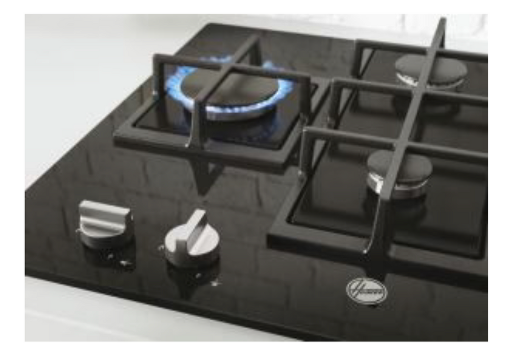 Hoover HVG6DK3B 60cm 4 BURNER GAS ON GLASS HOB Cast Iron Pan Stand - Black Glass