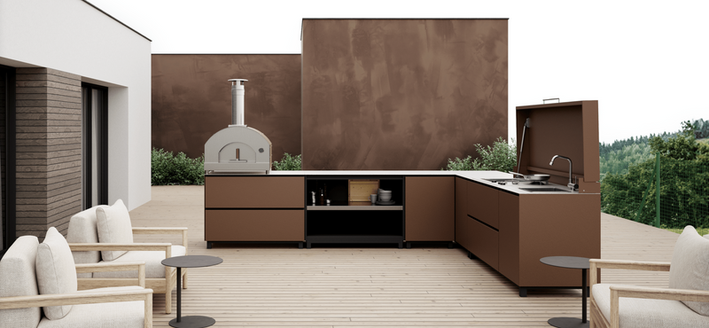 Hoppilif Outdoor Kitchen | L-Shape with Pizza Oven, Plancha Grill & Sink – Oxide Brown (3.6m x 2.8m)