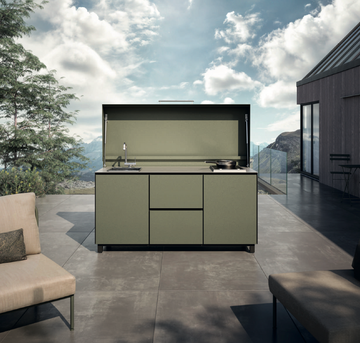Hoppilif Outdoor Kitchen | Full lid 2 Burner Hod & Folding Tap and Sink – Olive Green (1.8m)