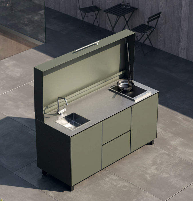 Hoppilif Outdoor Kitchen | Full lid 2 Burner Hod & Folding Tap and Sink – Olive Green (1.8m)