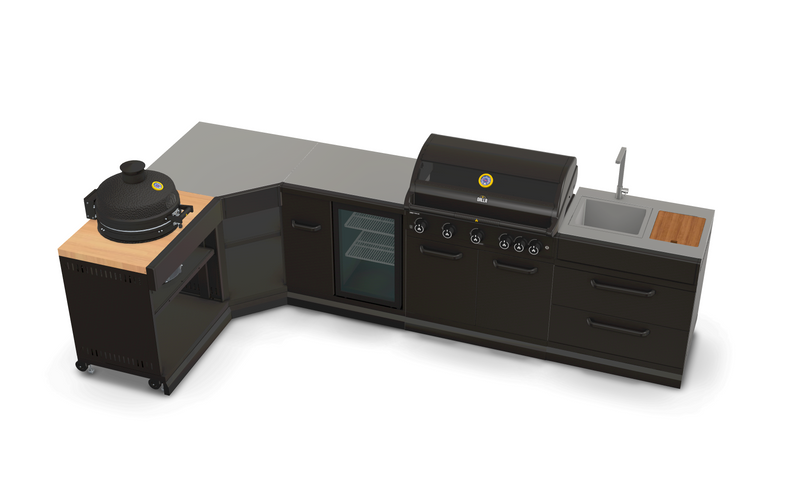 GRLLR Outdoor Kitchen L Shap Sink 5 Burner Fridge and kamado | Full length 4M x 1.7