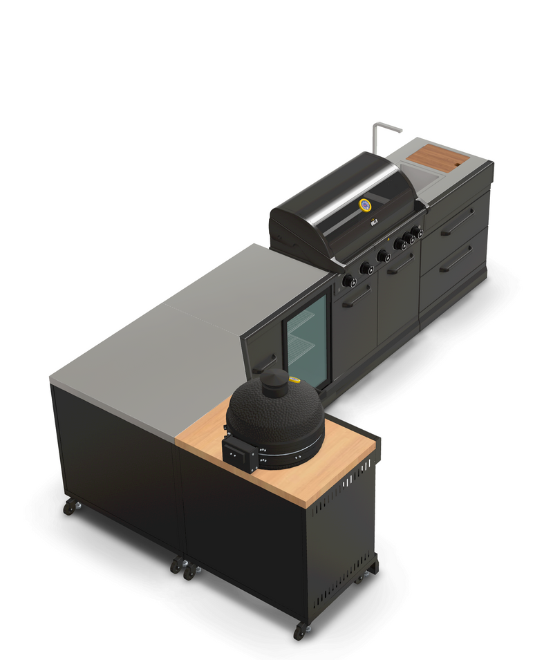 GRLLR Outdoor Kitchen L Shap Sink 5 Burner Fridge and kamado | Full length 4M x 1.7