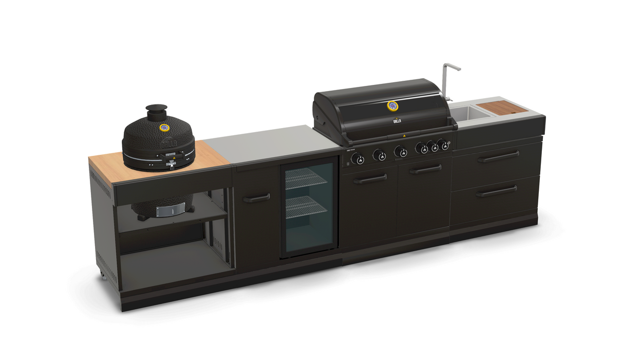 GRLLR Outdoor Kitchen 5 Burner BBQ, Fridge, Sink and Kamado | Full length 3.5M