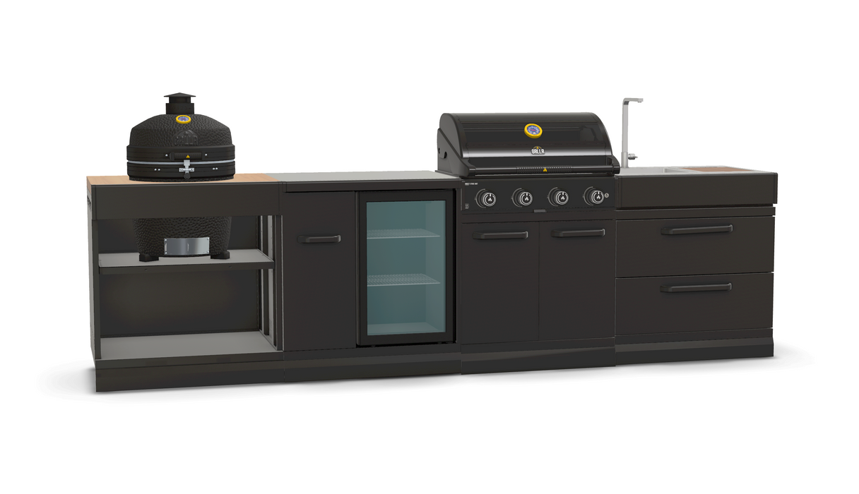 GRLLR Outdoor Kitchen 4 Burner BBQ, Fridge, Sink and Kamado | Full length 3.2M