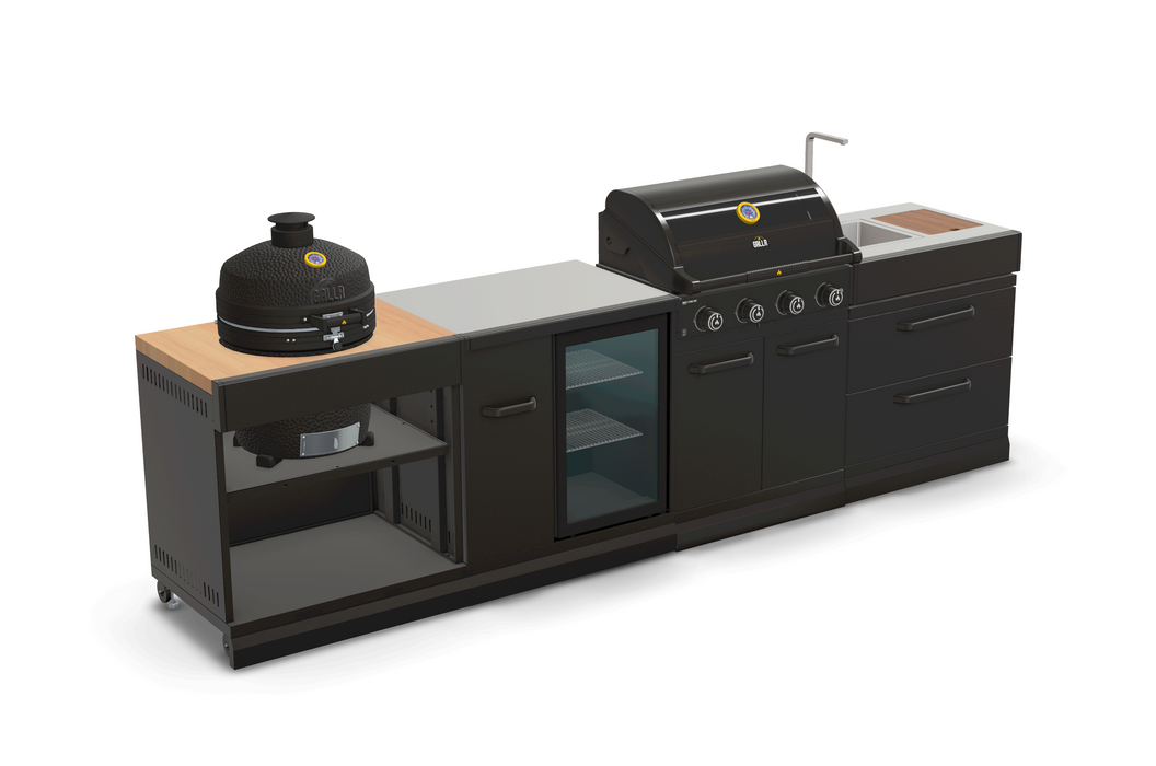 GRLLR Outdoor Kitchen 4 Burner BBQ, Fridge, Sink and Kamado | Full length 3.2M