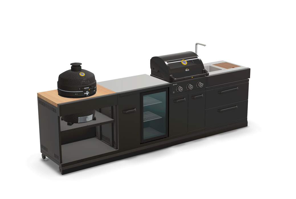 GRLLR Outdoor Kitchen 3 Burner BBQ, Fridge, Sink and Kamado | Full length 3.1M