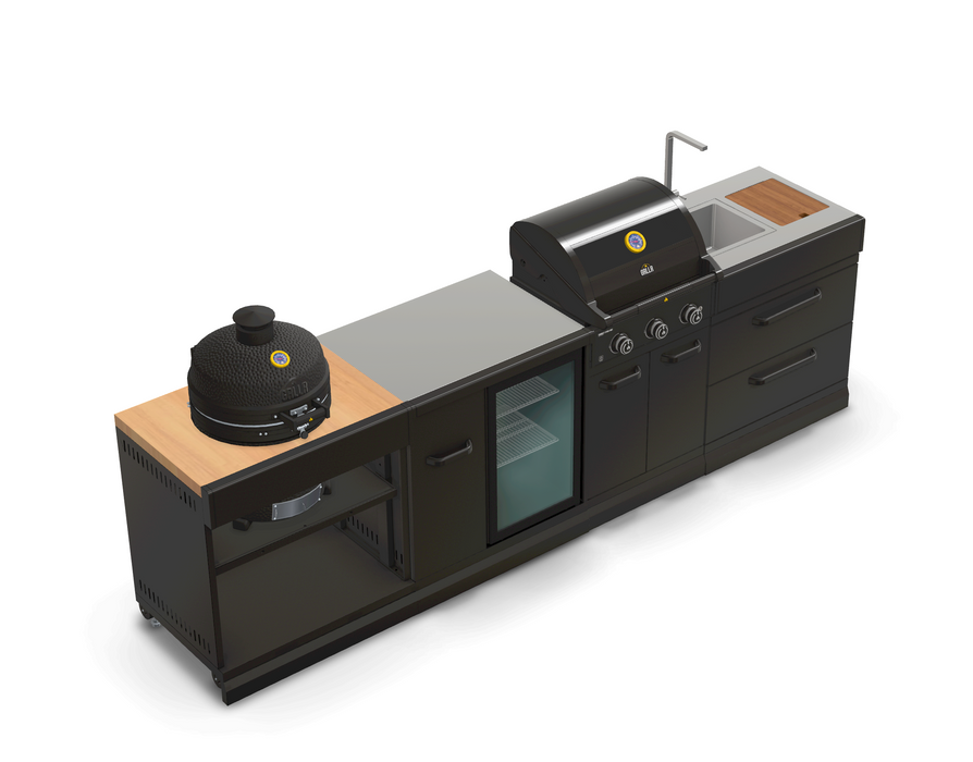 GRLLR Outdoor Kitchen 3 Burner BBQ, Fridge, Sink and Kamado | Full length 3.1M