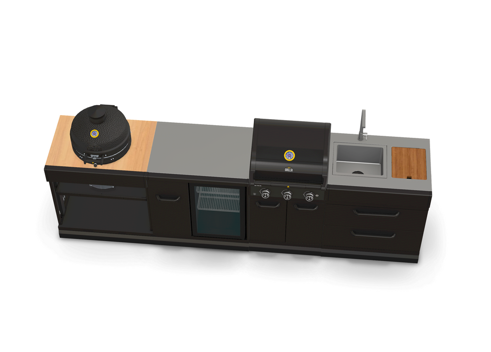 GRLLR Outdoor Kitchen 3 Burner BBQ, Fridge, Sink and Kamado | Full length 3.1M