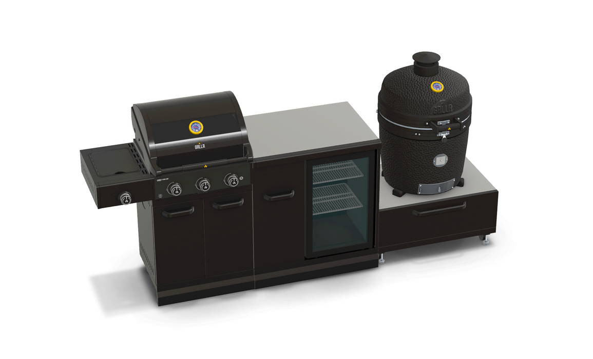 GRLLR Outdoor Kitchen 3 Burner BBQ, Fridge and kamado | Full length 2.7M