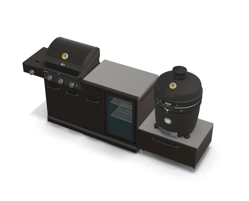GRLLR Outdoor Kitchen 3 Burner BBQ, Fridge and kamado | Full length 2.7M
