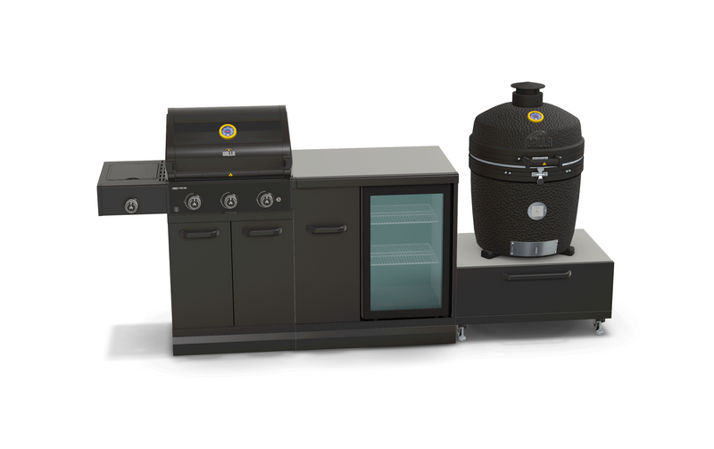 GRLLR Outdoor Kitchen 3 Burner BBQ, Fridge and kamado | Full length 2.7M