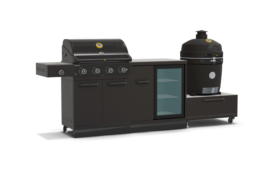 GRLLR Outdoor Kitchen 4 Burner BBQ, Fridge and kamado | Full length 2.6M