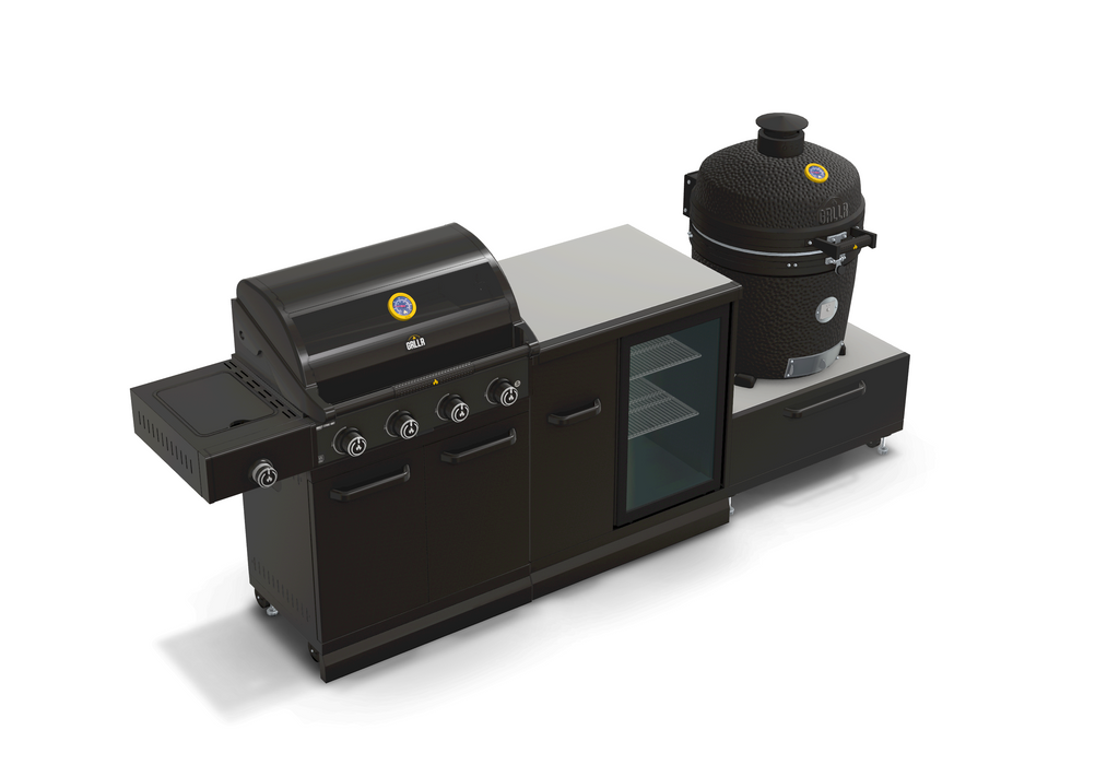 GRLLR Outdoor Kitchen 4 Burner BBQ, Fridge and kamado | Full length 2.6M