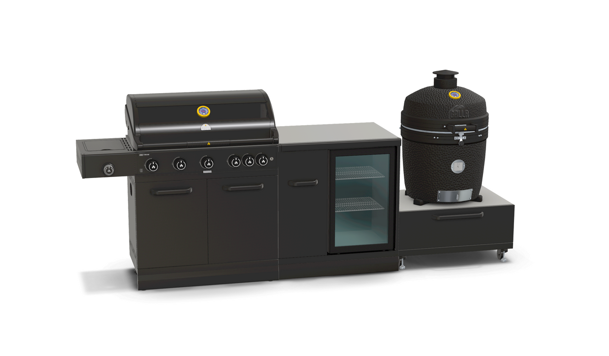 GRLLR Outdoor Kitchen 5 Burner BBQ, Fridge and kamado | Full length 2.9M