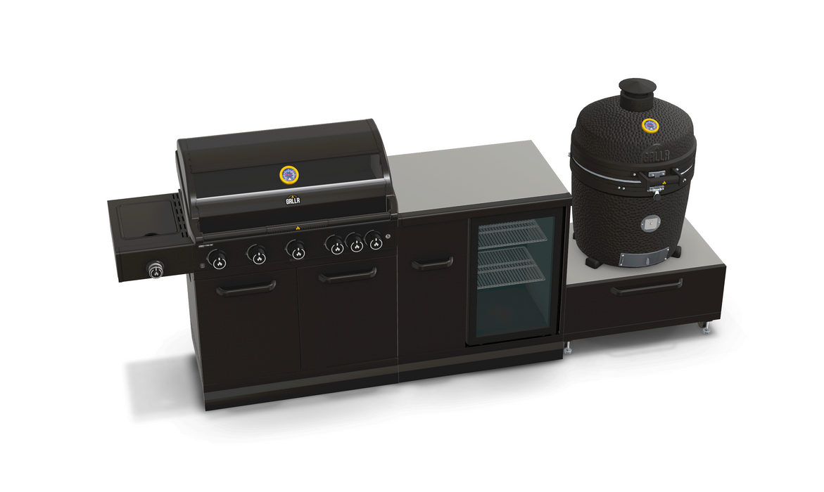 GRLLR Outdoor Kitchen 5 Burner BBQ, Fridge and kamado | Full length 2.9M