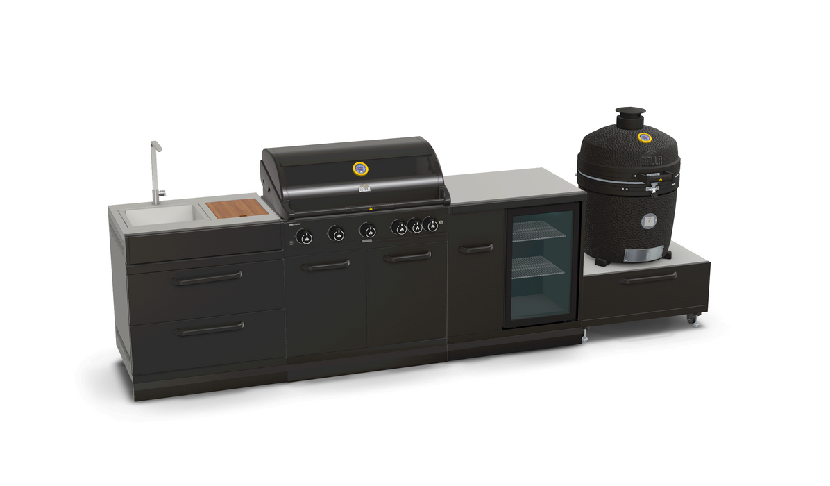 GRLLR Outdoor Kitchen 5 Burner BBQ, Fridge,Sink and kamado | Full length 3.5M