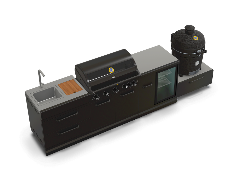GRLLR Outdoor Kitchen 5 Burner BBQ, Fridge,Sink and kamado | Full length 3.5M